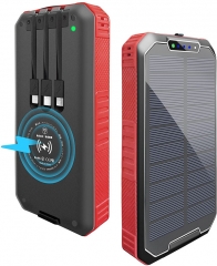 [30,000 mAh＆Qiワイヤレス充電器＆内蔵ケーブル]ソーラーパワーバンク、大容量、ソーラー充電器、急速充電、6つのデバイス同時充電、ライトニング+マイクロUSB + Type-Cケーブル、ソーラーパワーバンク、ソーラー充電器、防塵、耐衝撃性、IP66防水、2つのライトが含まれています、屋外/災害対策商品、PES認定、多くのiPhone / iPad / Androidモデルと互換性があります（赤）