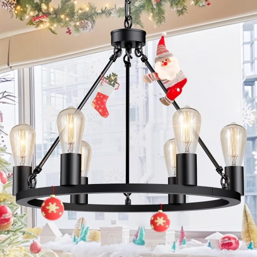 6-Light Black Wagon Wheel Style Chandelier