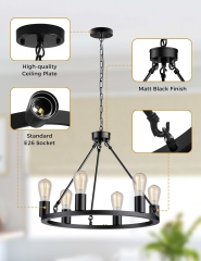 6-Light Black Wagon Wheel Style Chandelier