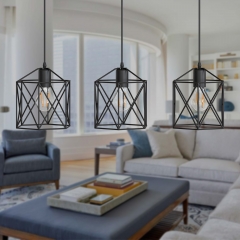 3-Light Black Metal Cage Pendant Light