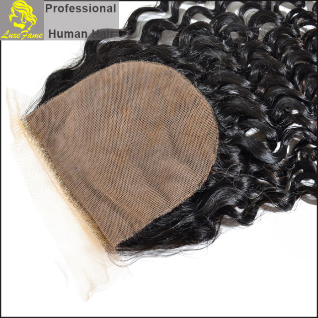 Luxefame Silk Base Closure Brazilian Curly Remy Hair 4X4 Siwss Lace with Bleached Knots Free/ Middle Part Style