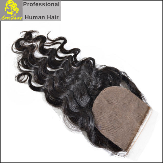 Luxefame Silk Base Closure Brazilian Deep Wave Remy Hair 4X4 Siwss Lace with Bleached Knots Free/ Middle Part Style