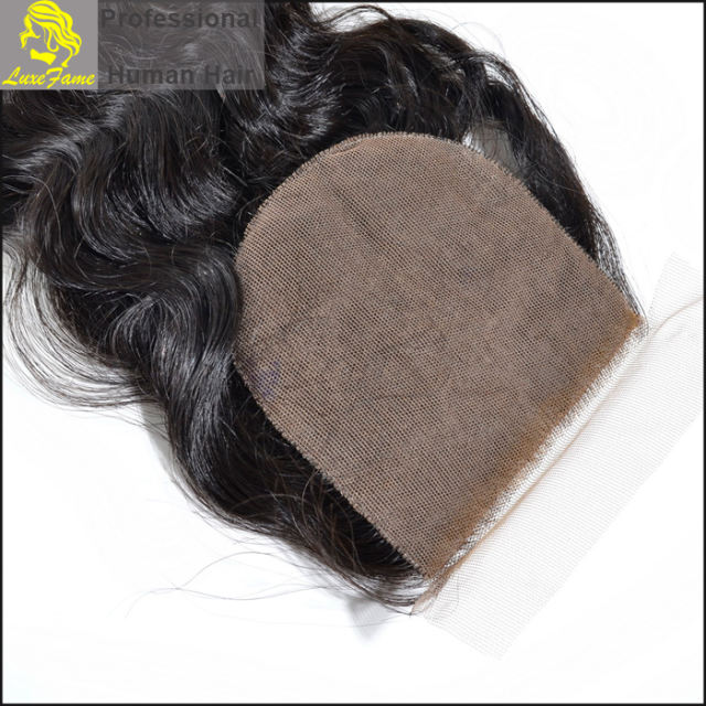 Luxefame Silk Base Closure Brazilian Deep Wave Remy Hair 4X4 Siwss Lace with Bleached Knots Free/ Middle Part Style