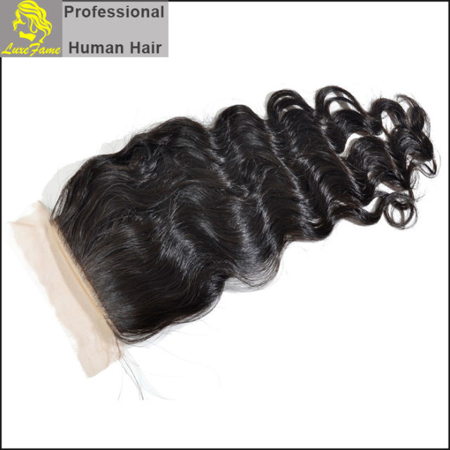 Luxefame Silk Base Closure Brazilian Deep Wave Remy Hair 4X4 Siwss Lace with Bleached Knots Free/ Middle Part Style