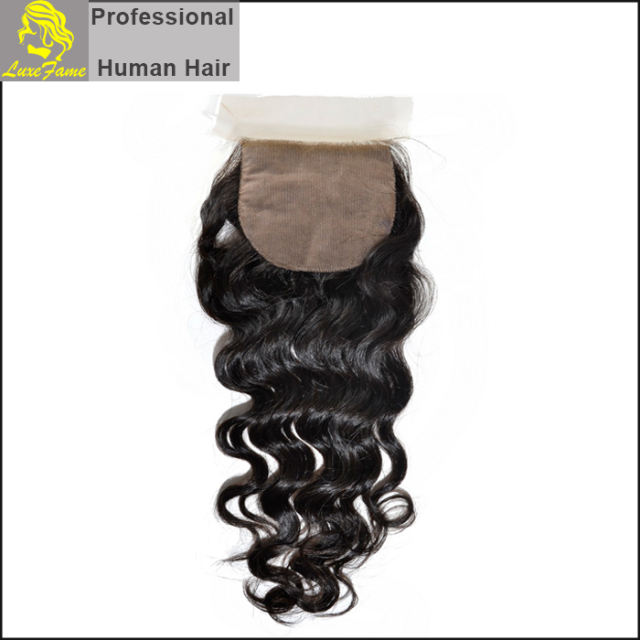 Luxefame Silk Base Closure Brazilian Deep Wave Remy Hair 4X4 Siwss Lace with Bleached Knots Free/ Middle Part Style