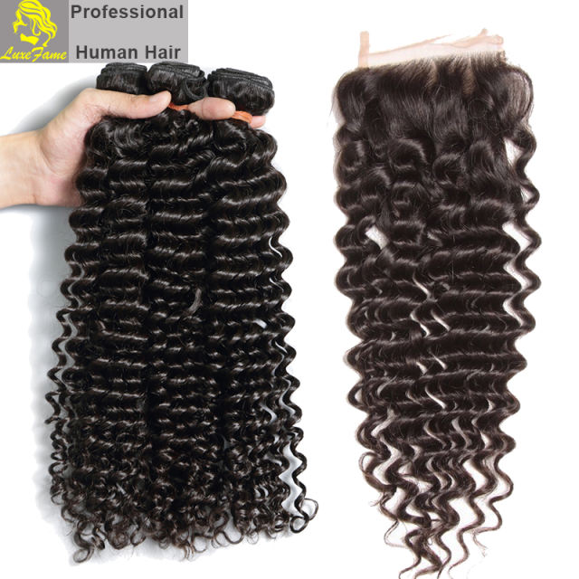 Top Grade 2/3/4PCS  Virgin Hair With Lace Closure Deep Wave For A Full Head Shipping