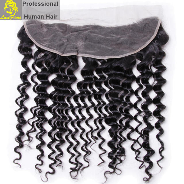 Luxefame 13"*4" Free Part Deep Wave Lace Frontal Brazilian Remy Hair with Bleached Knots 100% Human Hair