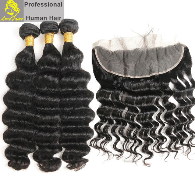 Luxefame 13"*4" Free Part Loose Deep Lace Frontal Brazilian Remy Hair with Bleached Knots 100% Human Hair