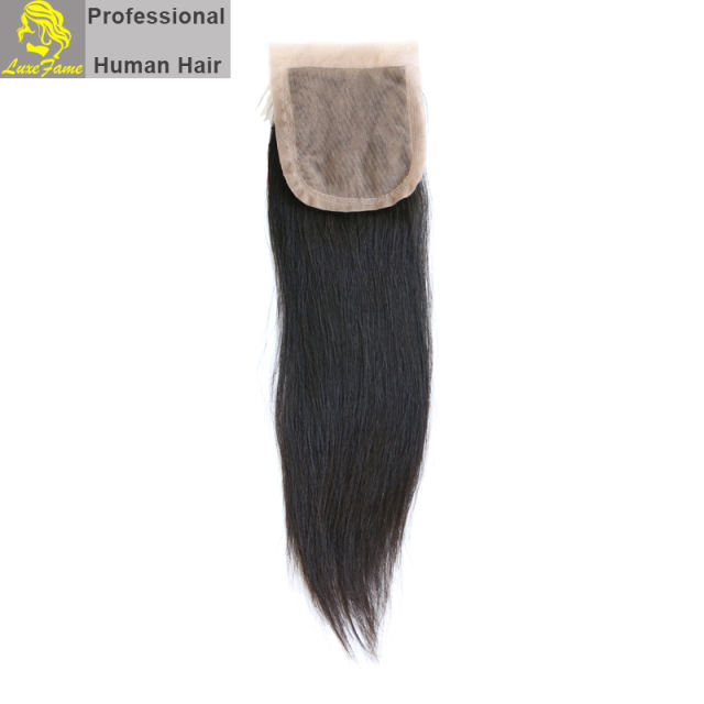 Luxefame Silk Base Closure Brazilian Straight Remy Hair 4X4 Siwss Lace with Bleached Knots Free/ Middle Part Style