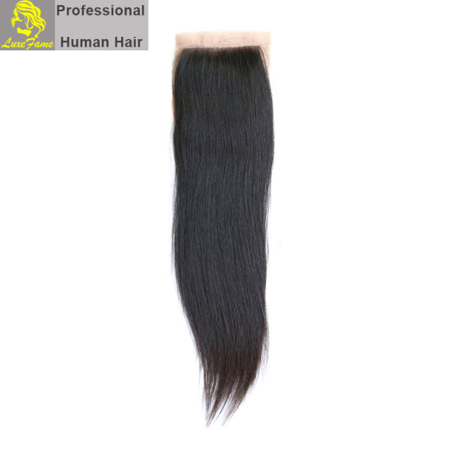 Luxefame Silk Base Closure Brazilian Straight Remy Hair 4X4 Siwss Lace with Bleached Knots Free/ Middle Part Style