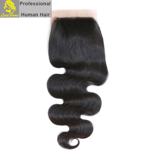 Luxefame Silk Base Closure Brazilian Body Wave Remy Hair 4X4 Siwss Lace with Bleached Knots Free/ Middle Part Style