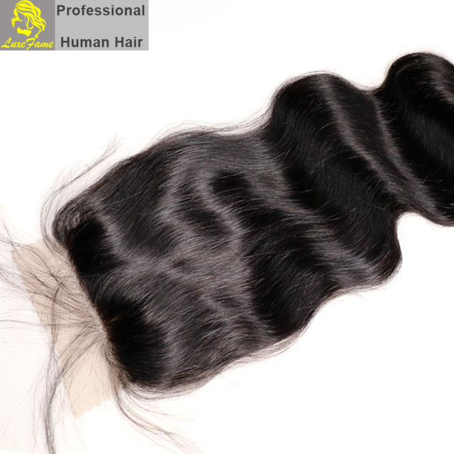 Luxefame Silk Base Closure Brazilian Body Wave Remy Hair 4X4 Siwss Lace with Bleached Knots Free/ Middle Part Style