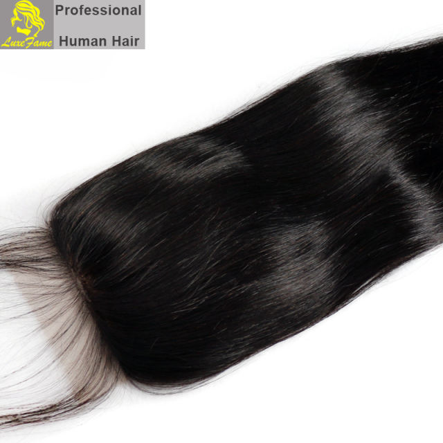 Luxefame Silk Base Closure Brazilian Straight Remy Hair 4X4 Siwss Lace with Bleached Knots Free/ Middle Part Style