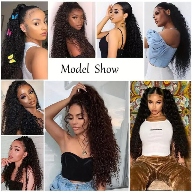 LuxefamePonytail Wrap Around Ponytail 20 24 nches Hair Drawstring Ponytail Deep Wave #1B Clip In Ponytail Extensions