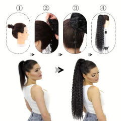 LuxefamePonytail Wrap Around Ponytail 20 24 nches Hair Drawstring Ponytail Deep Wave #1B Clip In Ponytail Extensions