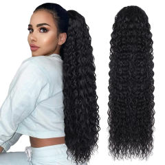 LuxefamePonytail Wrap Around Ponytail 20 24 nches Hair Drawstring Ponytail Deep Wave #1B Clip In Ponytail Extensions