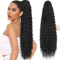 LuxefamePonytail Wrap Around Ponytail 20 24 nches Hair Drawstring Ponytail Deep Wave #1B Clip In Ponytail Extensions