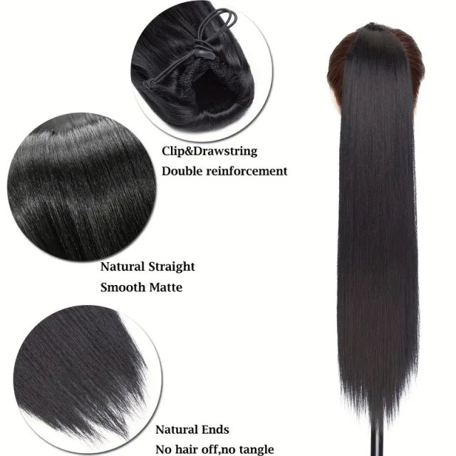Luxefame Long Straight Drawstring Ponytail Extensions 100% Human Hair Clip In Ponytail Hairpieces Natural Black 1B