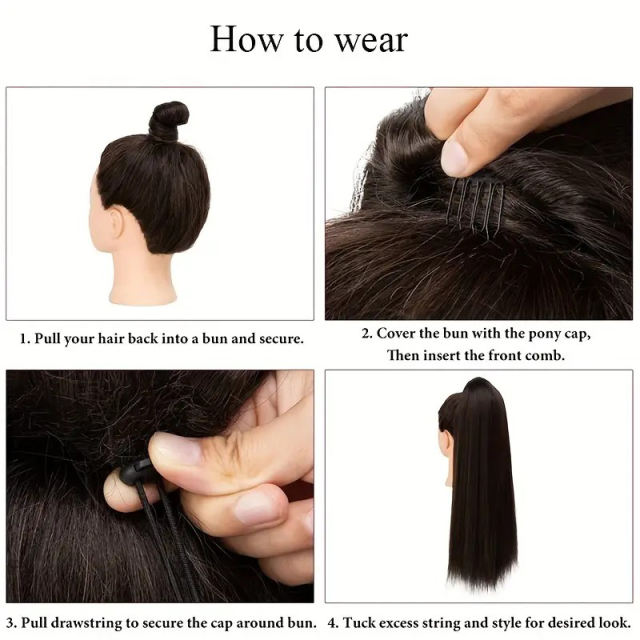 Luxefame Long Straight Drawstring Ponytail Extensions 100% Human Hair Clip In Ponytail Hairpieces Natural Black 1B