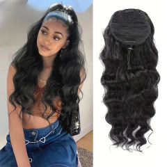 Luxefame Clip-In Long Body Wave Ponytail Brazilian 100% Human Hair Clip Ponytail For Women Natural Color 1B Drawstring Ponytail