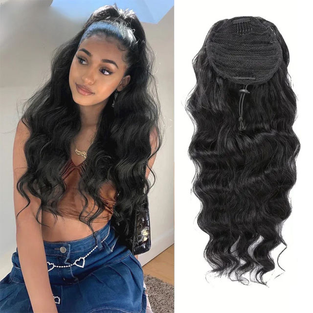 Luxefame Clip-In Long Body Wave Ponytail Brazilian 100% Human Hair Clip Ponytail For Women Natural Color 1B Drawstring Ponytail