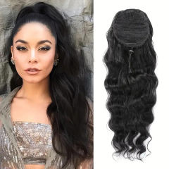 Luxefame Clip-In Long Body Wave Ponytail Brazilian 100% Human Hair Clip Ponytail For Women Natural Color 1B Drawstring Ponytail