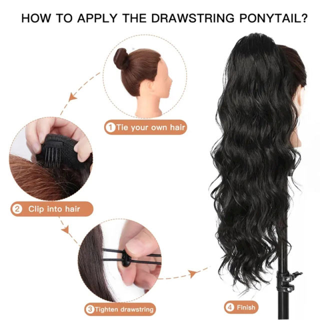 Luxefame Clip-In Long Body Wave Ponytail Brazilian 100% Human Hair Clip Ponytail For Women Natural Color 1B Drawstring Ponytail