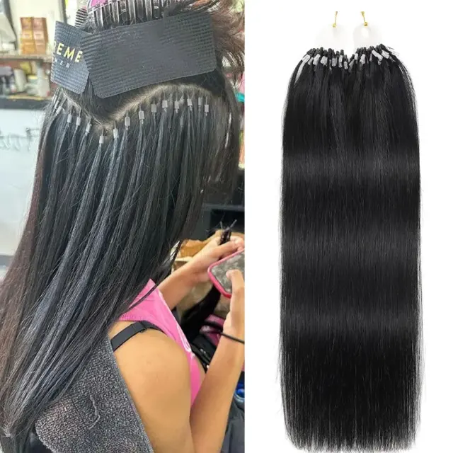 Luxefame Micro Loop Hair Extensions 18-24 Inch Micro Bead Remy Hair Extension Natural Black Straight For Salon