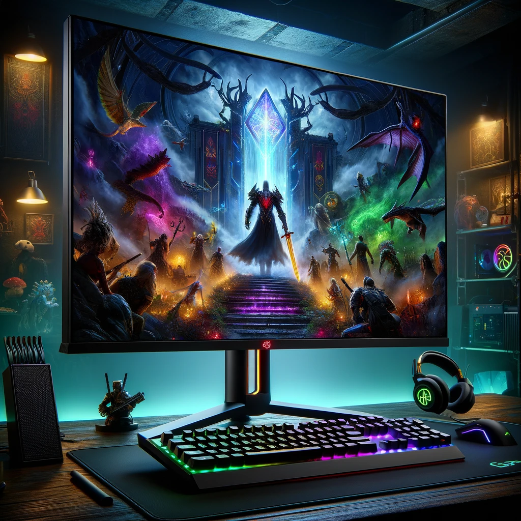 A sleek, modern gaming setup featuring a cutting-edge 2024 LCD gaming monitor with vibrant colors and high refresh rate, set in a dark room illuminate