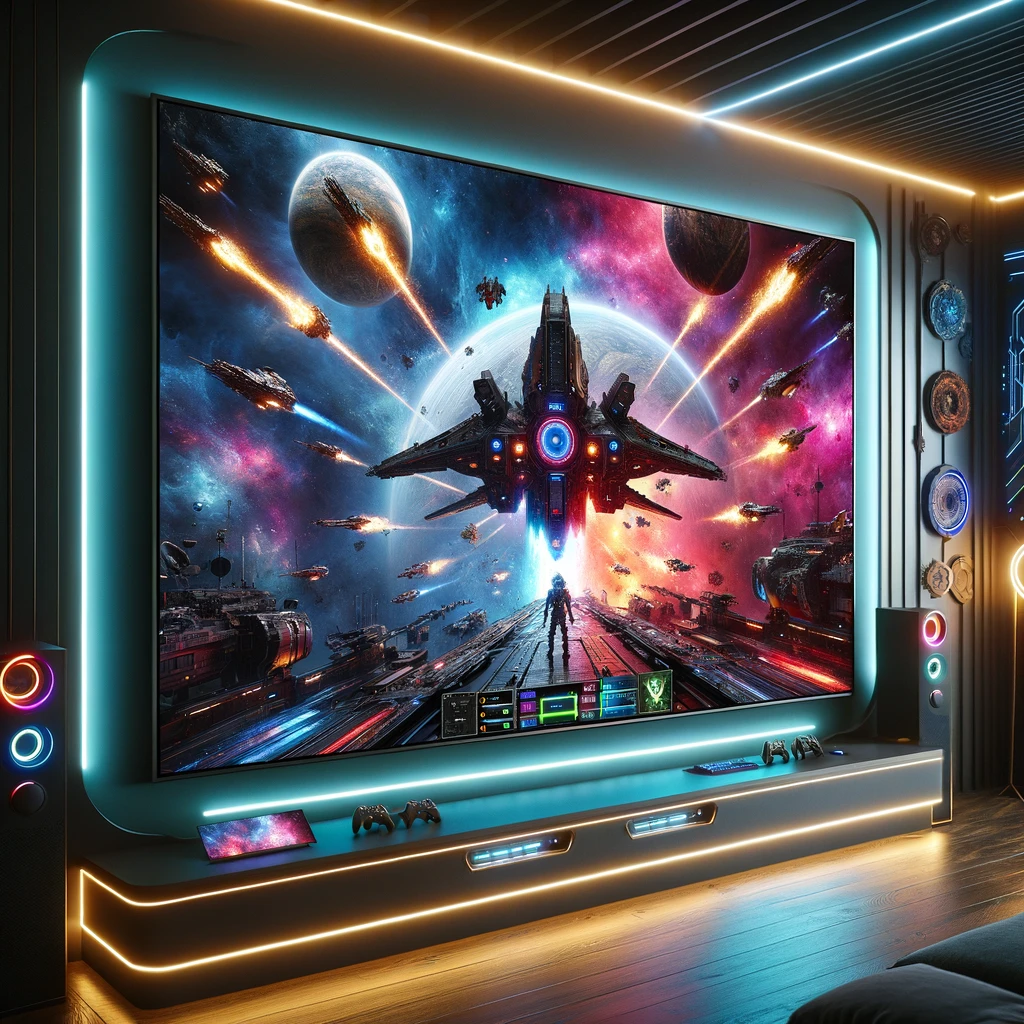 An ultra-modern gaming LCD screen mounted on a wall, displaying an epic space battle from a popular sci-fi game. The image highlights the screen's HDR
