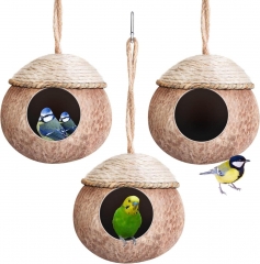 Natural Coconut Bird Hide Nest Bird Hut for Cage with Woven Straw Bird Parakeet Coconut Fiber Hanging Birdhouse