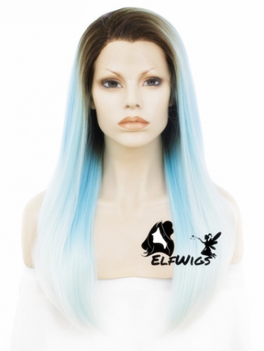 SD056-24'' Long light blue ombre cyan with dark roots straight synthetic lace front wig