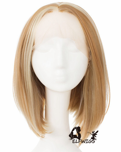 SD091-14'' Light brown mixed with white angled bob synthetic lace front wig