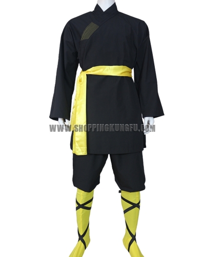 black cotton shaolin kung fu suit with yellow belt/socks