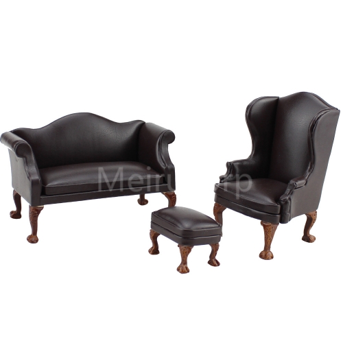 Dollhouse 1/12 scale miniature furniture brown Leather sofa chair Ottoman 3pcs set 12357