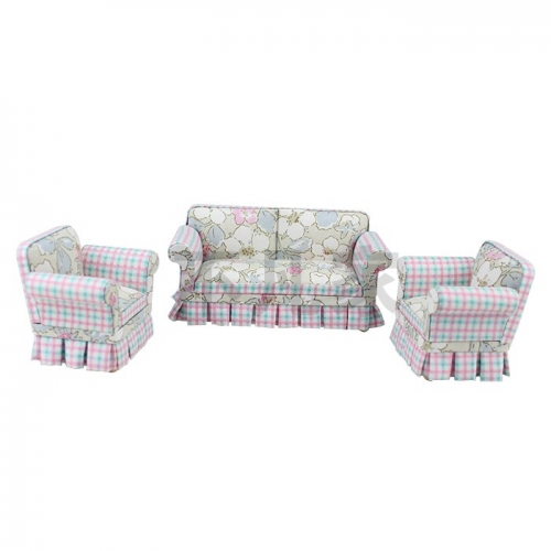 Doll miniature furniture 1/12 scale Petal pattern fabric Living room sofa &amp; chair set 3 pcs