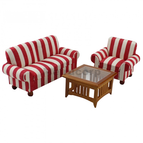 Miniature furniture Dollhouse 1:12 scale Drawing room Striped fabric chair Sofa 3pcs set