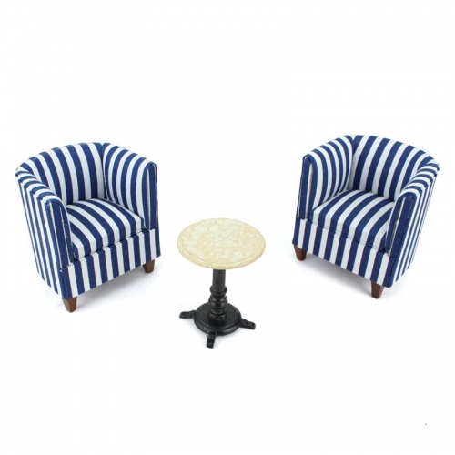 Dollhouses 1/12 scale miniature stripe Fabric chair&amp;Round table 3pcs set