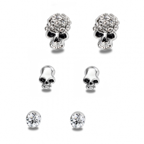 Fancy Products Hip Hop Boho Punk 3 Pairs / 1Set  Silver Plated Skull Earrings Stud Women Fashion Jewelry Accessories BPAN