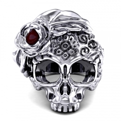 Women's Gothic Style Sugar Skull Flower Ring with Ruby Vintage Punk Jewelry