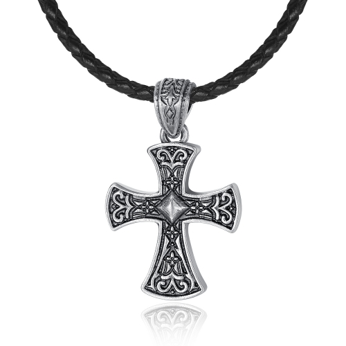 EVBEA Collar cruzado para hombres Viking Celtic Serenity Oración Colgante Crucifijo Joyería para hombre con cordón de cuero genuino negro Curb Link