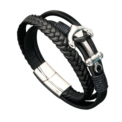 EVBEA Mens Leather Bracelet Anchor Viking Leather Wristband Braided Black Rope Bracelet Exquisite Handmade Men's Jewellery with Titanium Pusher Magnet