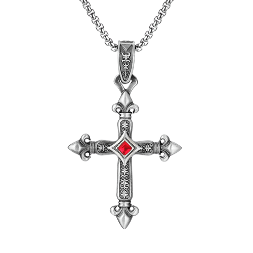 EVBEA Mens Cross with Ruby Necklace Men's Jewelry Necklace Pewter Necklace with Black Jewellery Gift Box