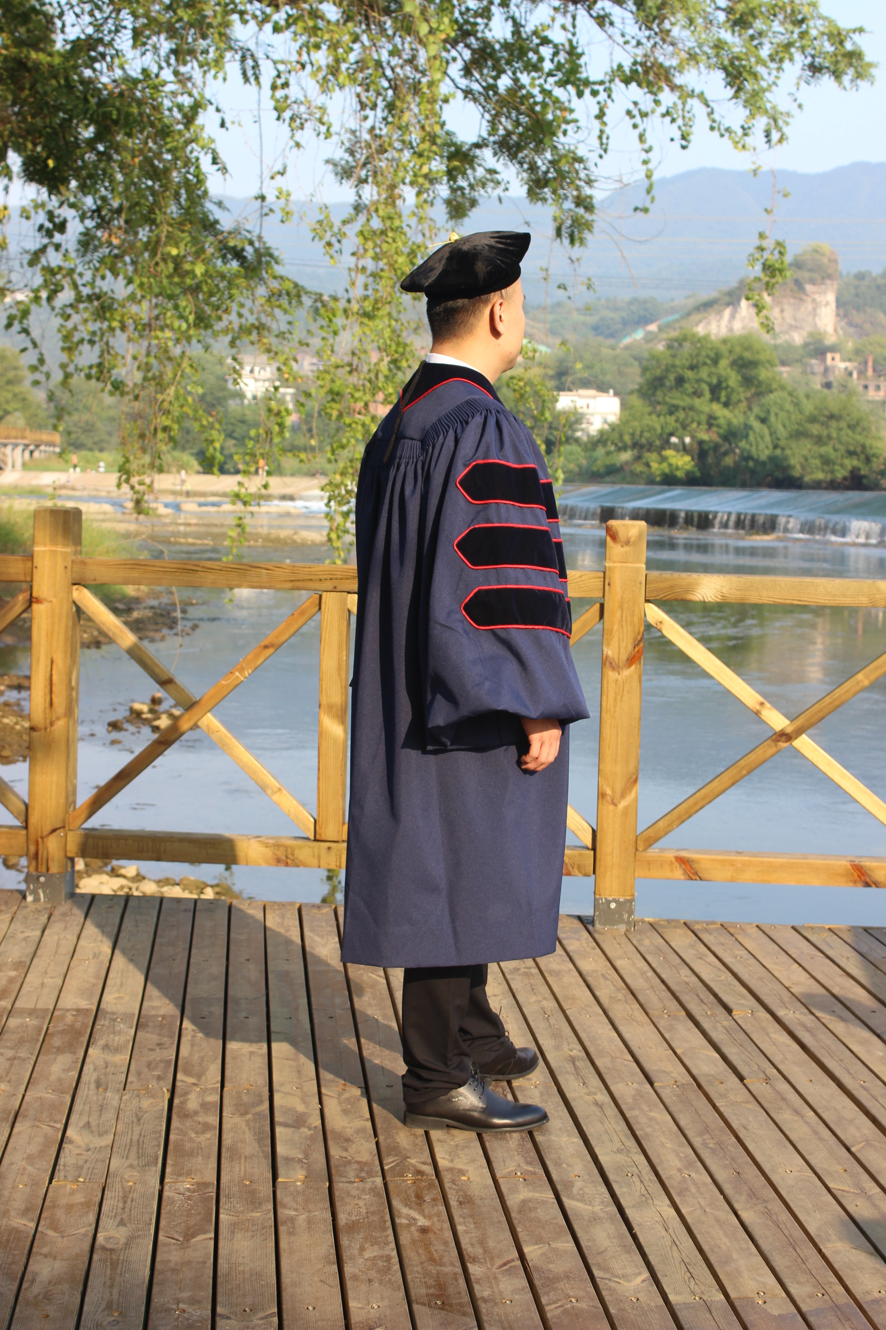 Royal Blue Velvet Doctoral Graduation Gown With Gold Piping - View #4