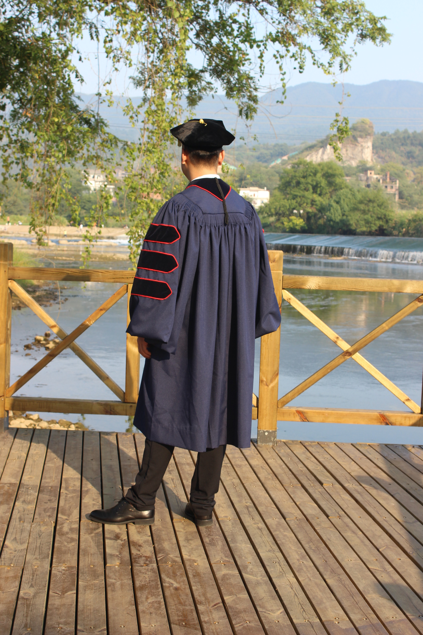 Royal Blue Velvet Doctoral Graduation Gown With Gold Piping - View #9