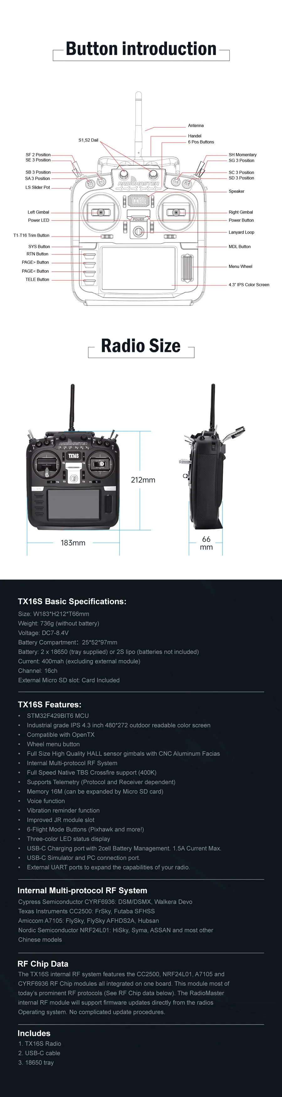 RadioMaster TX16S Mark 2 HALL 4-in-1 + Touch version 16ch 2.4ghz Multi-protocol OpenTX