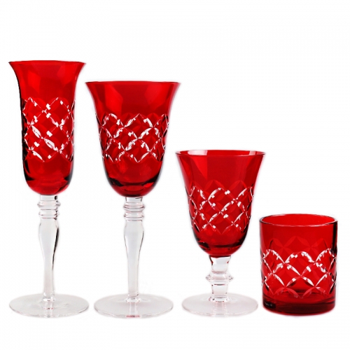 Mouth blown lead-free crystal colored engraved red champagne wine water glass