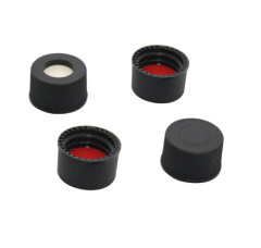 Preassembled cap and septa for 13-425 thread screw, PP cap, black, centre hole, Red rubber/White PTFE, 0.050" thick