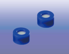 Preassembled cap and septa for 11mm Snap neck, pp cap, clear, centre hole, Red Butyl/Transparent PTFE, 0.040" thick