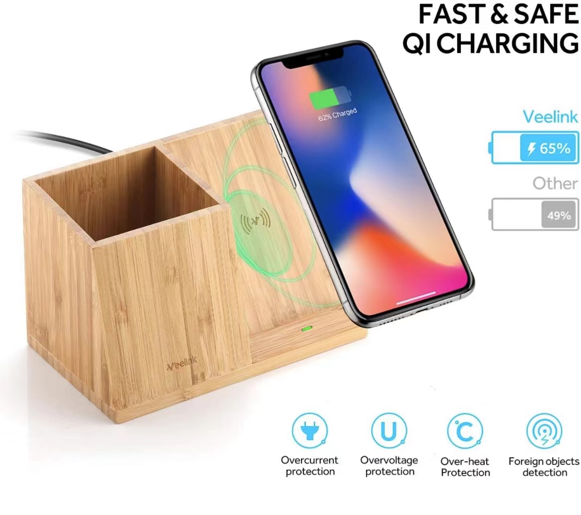 Bamboo wireless charging station with pen cup. Fast wireless charging dock